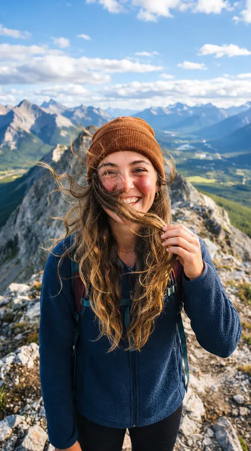 A friend laughing into the wind on a mountain summit