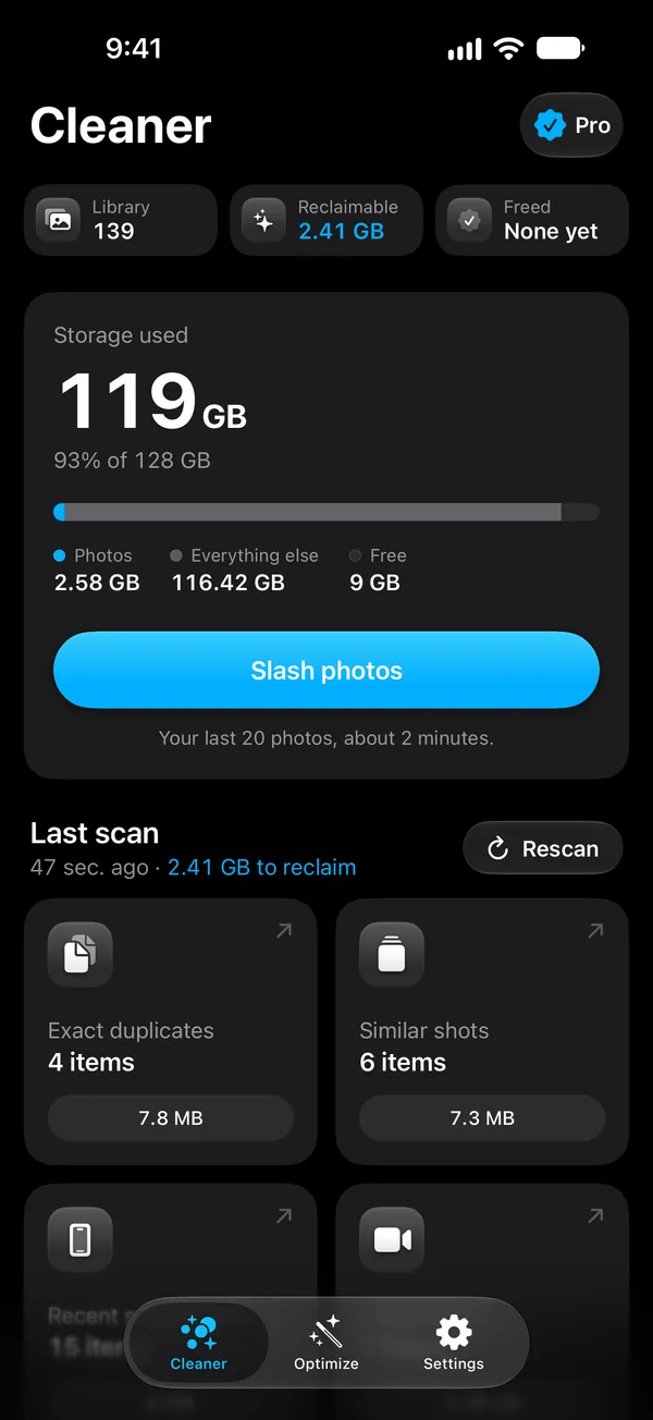 The SlashPhotos home screen: 119 GB of 128 GB used, 2.41 GB to reclaim