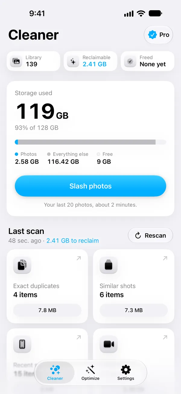 The SlashPhotos home screen: 119 GB of 128 GB used, 2.41 GB to reclaim