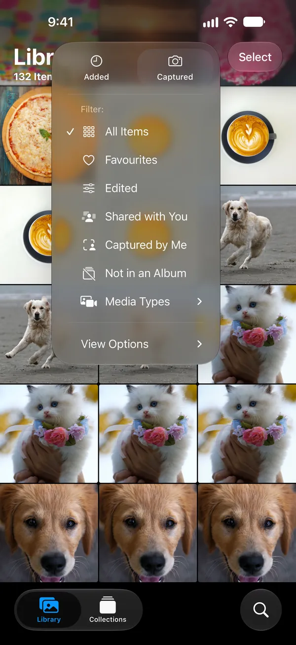 The Photos app's Sort and Filter menu: sort by Added or Captured. There is no size.