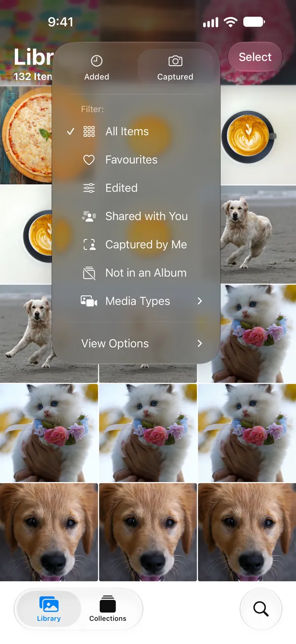 The Photos app's Sort and Filter menu: sort by Added or Captured. There is no size.