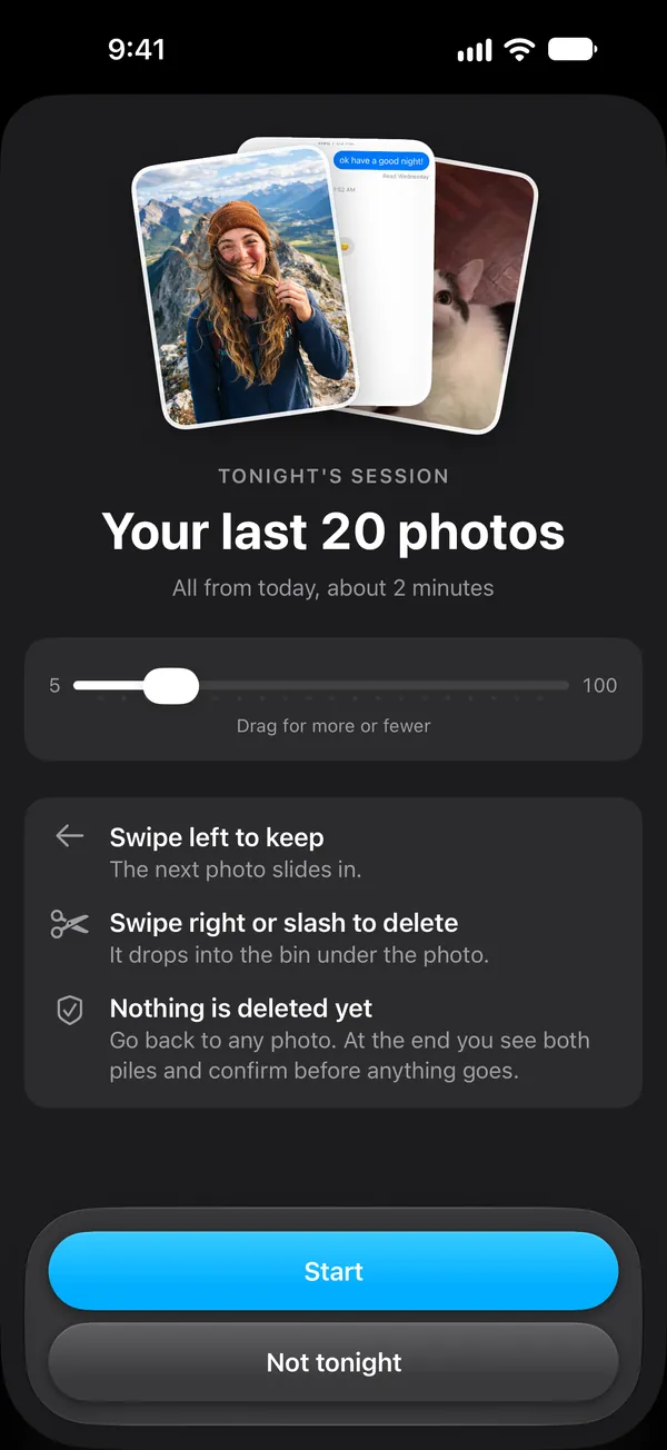 Tonight's session in the app: your last 20 photos, about 2 minutes