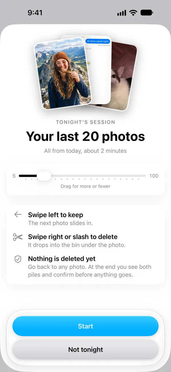 Tonight's session in the app: your last 20 photos, about 2 minutes