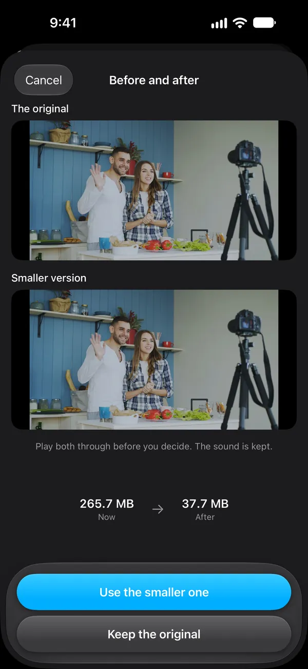 The app's before and after screen: the original video at 265.7 MB and a smaller version at 37.7 MB