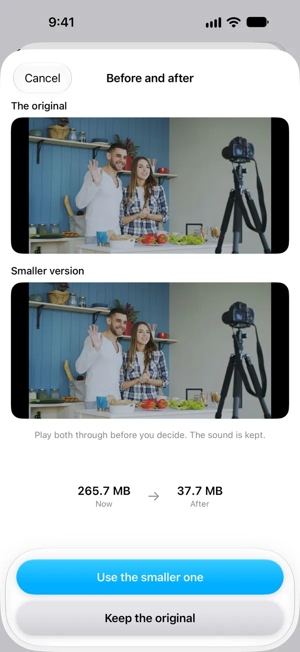 The app's before and after screen: the original video at 265.7 MB and a smaller version at 37.7 MB